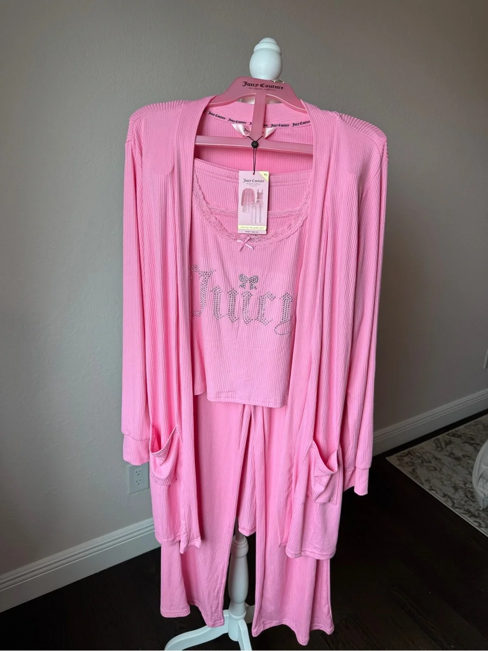 Juicy Couture Pink Ribbed 3-Piece Lounge Set with Rhinestone Logo